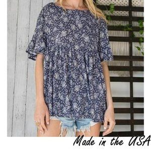 Navy & White Floral BoHo Baby Doll Top
